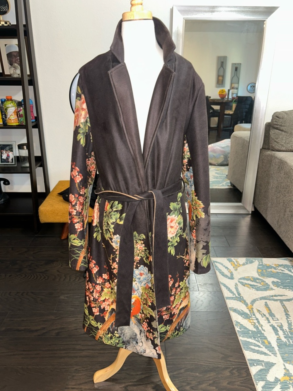 Solitaire Black Floral & Bird Satin-Trim jacket